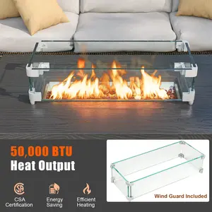 COSTWAY - 50000 BTU 2 Inch ropane Gas Fire Pit Table with Wind Guard and Glass Rocks-Brown