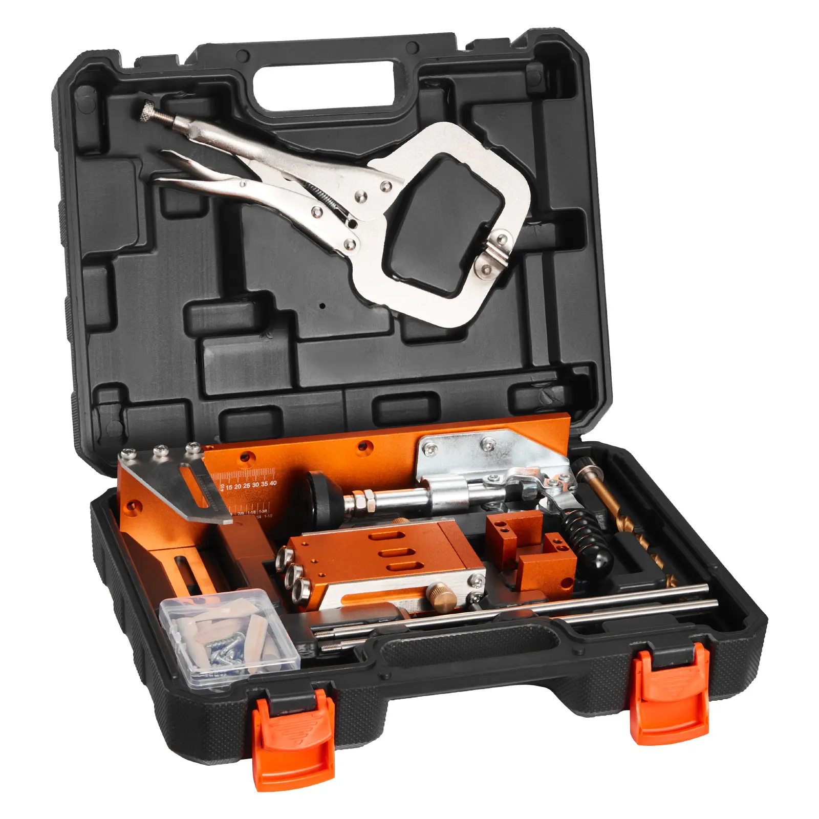 Adjustable Pocket Hole Jig Kit with Reinforced Metal Frame, 1/2-1 1/2 in Capacity, Adjustable Depth, Depth Adjuster, Chip Outlets, C-Clamp, Step Drill, Hex Wrench, Drill Stop Ring, Square Drive Bit, Toolcase for Woodworking, Home Improvement Beginners