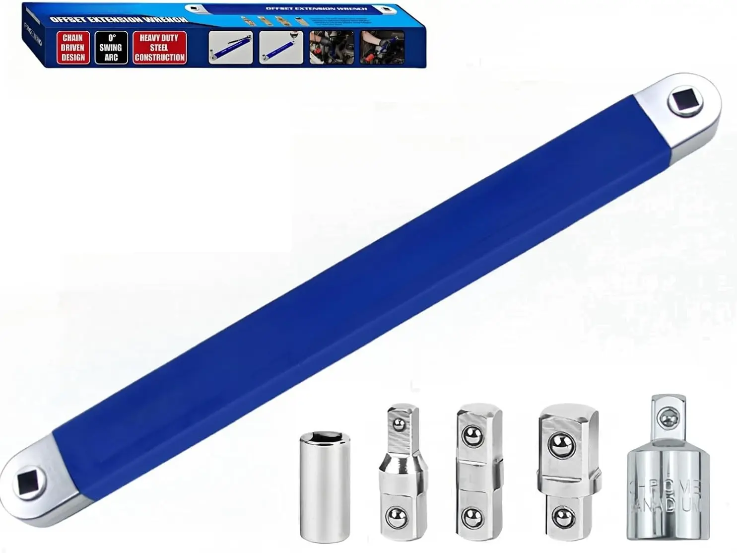 Offset Extension Wrench Zero Degree Ratchet Set Impact Ready with 1/2 1/4 3/8 Drive Adapters & 1/4 Socket for Tight Spaces