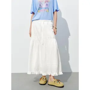URBAN REVIVO 2026 Spring New Arrival Women's Ruffles Skirts, Cotton-Polyester Fabric, Thin Cutout Textured Design, Drawstring Waist, Oversized A-Line Mid-Length Skirt, 88cm Bottom Hem, UYL550089
