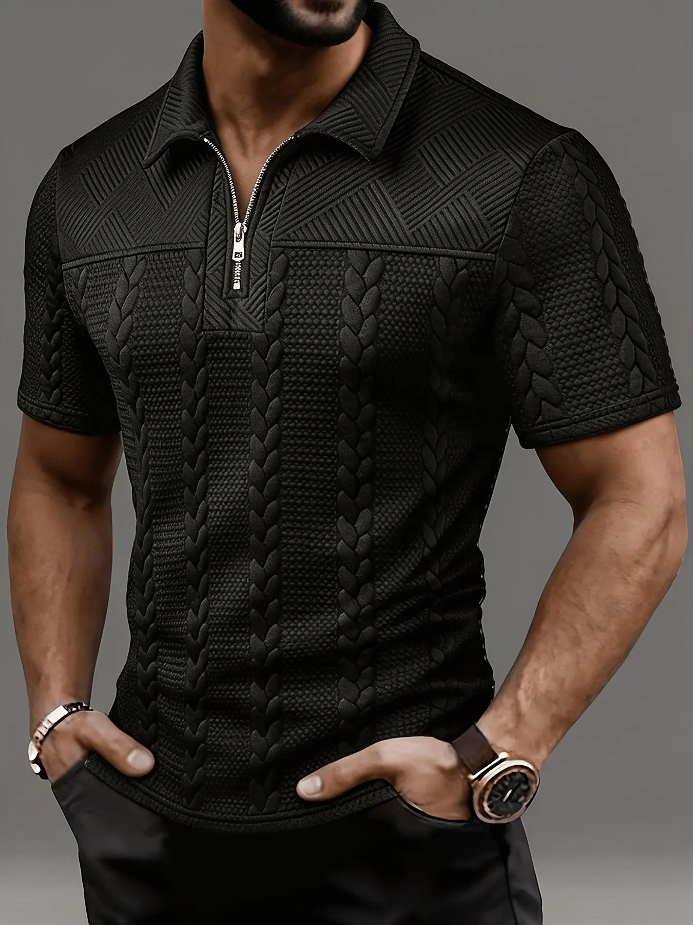 Rhombus Texture Quarter‑Zip Polo Shirt, Lightweight 3D Textured Fabric, Slim Fit, Casual Daily Wear Rhombus Texture Quarter‑Zip Polo Shirt, Lightweight 3D Textured Fabric, Slim Fit, Casual Daily Wear