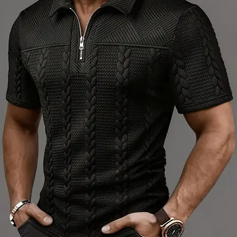 Rhombus Texture Zipper Casual Polo Shirt, Lightweight Cool Style, Three-Dimensional Texture, Slim Fit, Daily Wear