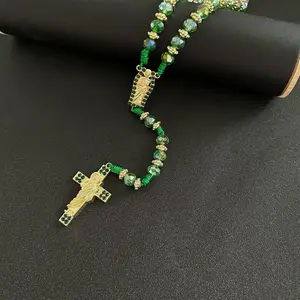 Rosary Saint Jude Virgin Mary Green Crystal Beads Catholic Necklace Cross Pendant Protection Blessing Charm Handmade Jewelry Gift for Men Women
