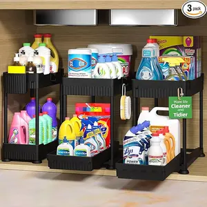3 Pack Under Sink Organizers 2-Tier Multi-Use Kitchen & Bathroom Storage Solution with Sliding Drawers Black Cabinet Organizer