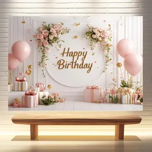 Rose Flower Happy Birthday Background Banner, Durable Polyester Background Banner, Photo Booth Props for Birthday Party, Theme Party, Indoor, Outdoor Decoration, Ornaments, Party Decorations Banners