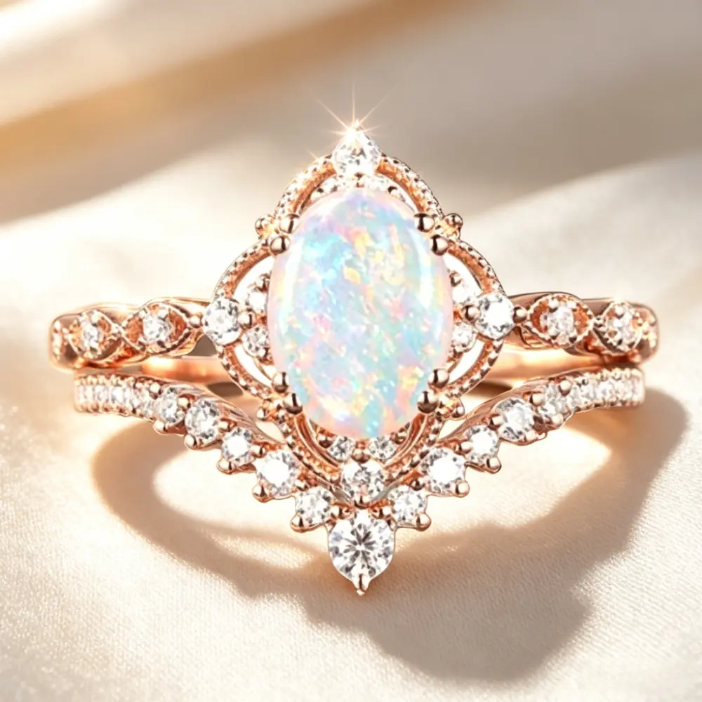 Lace Crown Couple's Engagement Rings, 2-Piece Wedding Set with Oval Synthetic Opal and Cubic Zirconia, Bridal Jewelry, Wedding Ring Sets