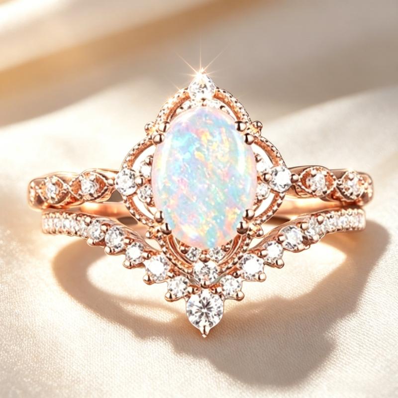Lace Crown 2-Part Jewel-Set Rings, Oval Shape Synthetic Opal & Cubic Zirconia Inlay Metal Coating Couple’s Bridal Valentine Gift Set