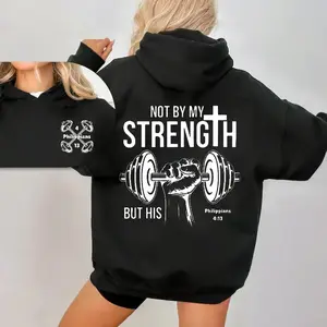 Vintage Unisex heavyweight pure cotton Hoodie - 'Not by my strength, but by His' double-sided printed cross and dumbbell pattern