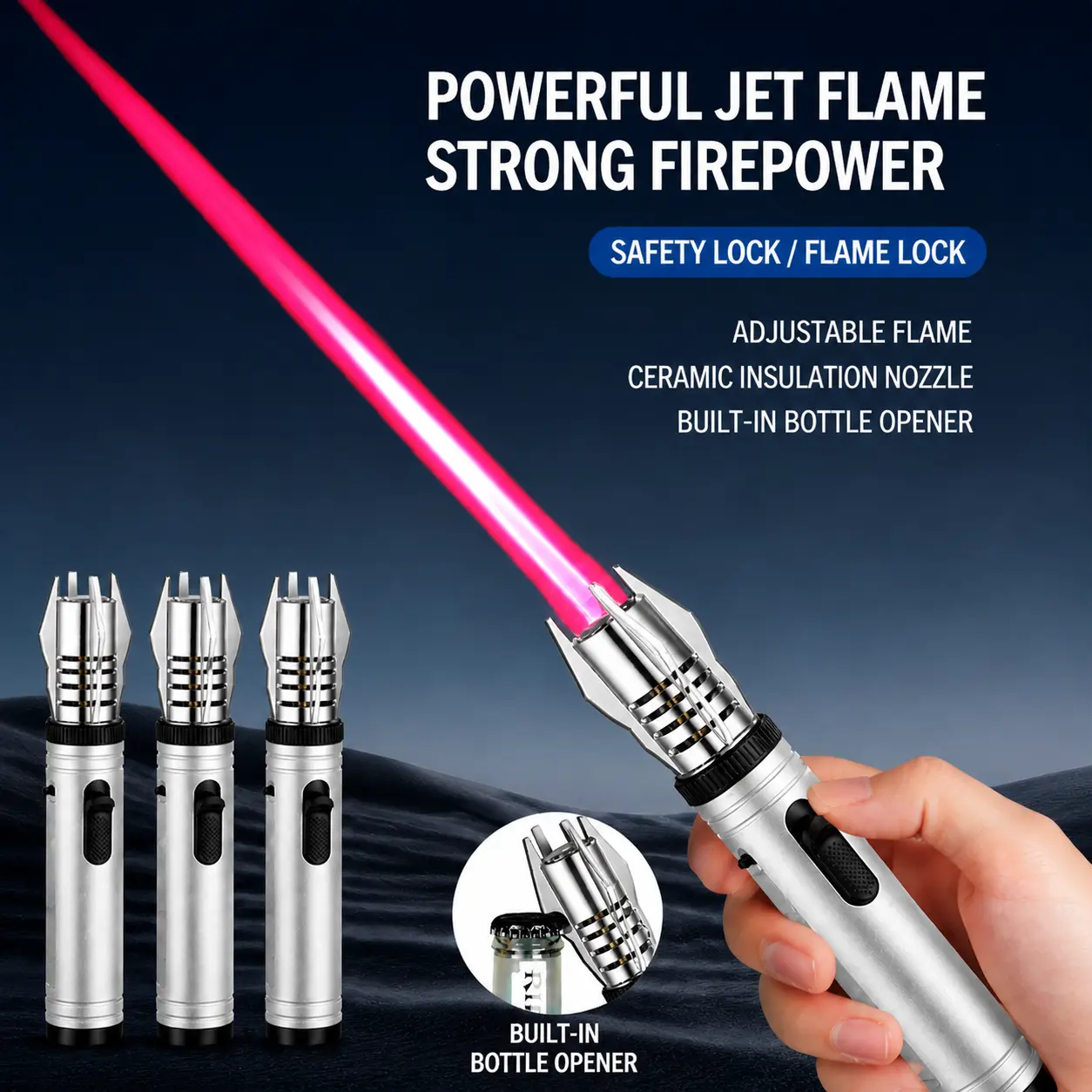 Heavy Duty Jet Flame Lighter – High Temperature, Windproof, Safety Lock, Adjustable Flame for Camping, Cooking, and BBQ(No Butane Fule)