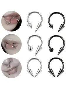 Unisex Stainless Steel Hoop Lip Rings, Ear Bone Earrings, Body Piercing Jewelry Set, 6 Piece Kit, Unisex Fashion Accessories, Body Piercings Set