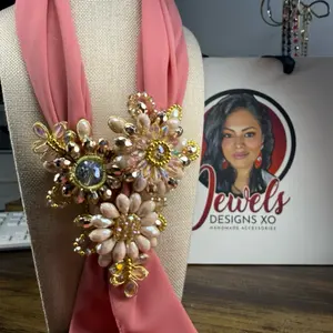 Jewels Designs XO Handmade Accessories Pink Scarf with Gold Beaded Flower Brooch for Elegant Outfits