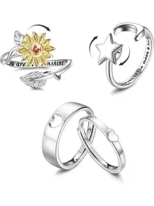 4Pcs Fidget Rings Sunflower Spinner Rings Sun Moon Star Anxiety Rings Adjustable Worry Stress Relieving Ring Rotatable Heart Matching Rings for Couples