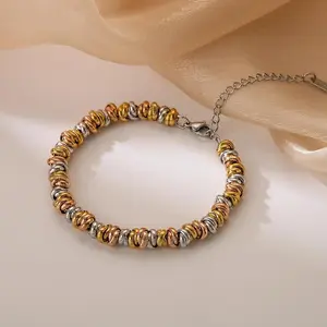 Non-Tarnish Stainless Steel Coil Bracelet Gold Silver Mix Color Spiral Bead Stackable Bracelet for Women