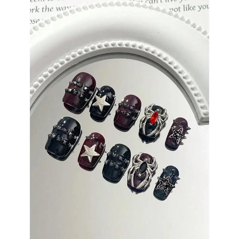 10pcs Short Square Shape Handmade Y2K/Grunge Style 3D Rivet, Spider, Rhinestone Accent Press-On Nails, Random Colors