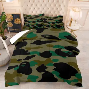 Iconic Green Camouflage Comforter Set - Durable Material Comfy Bed Sets, Soft Bedding Sets, 1 Quilt + 1/2 Pillowcases, 3D Printed Bedding for Boys Girls, Ideal Birthday & Holiday Gift