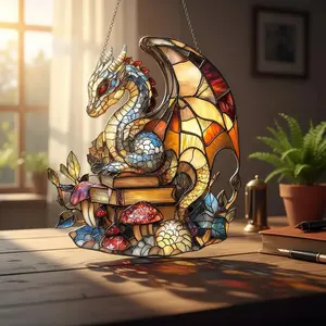 Fantasy Dragon Stained Glass Suncatcher Window Hanging – Colorful Sun Catcher Decor with Books for Reading Room & Home