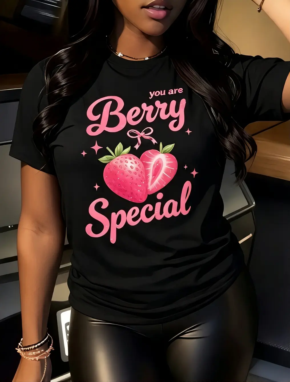 Berry Special T-Shirt - Black Tee with Pink Strawberry Design for Women