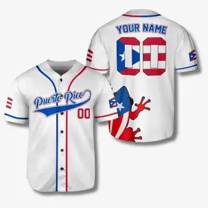 Puerto Rico Baseball Jersey Button Up, Personalized Name & Number, White PR Flag Shirt