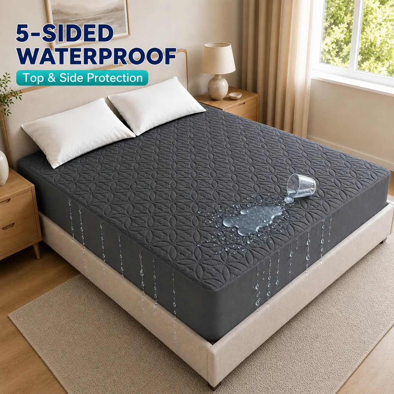 5-Sided Waterproof Mattress Protector, Quilted Fitted Mattress Cover with Top & Side Protection, Premium TPU, Soft Noiseless Surface, Stretchable Deep Pocket Skirt, Twin Full Queen King, White/Gray