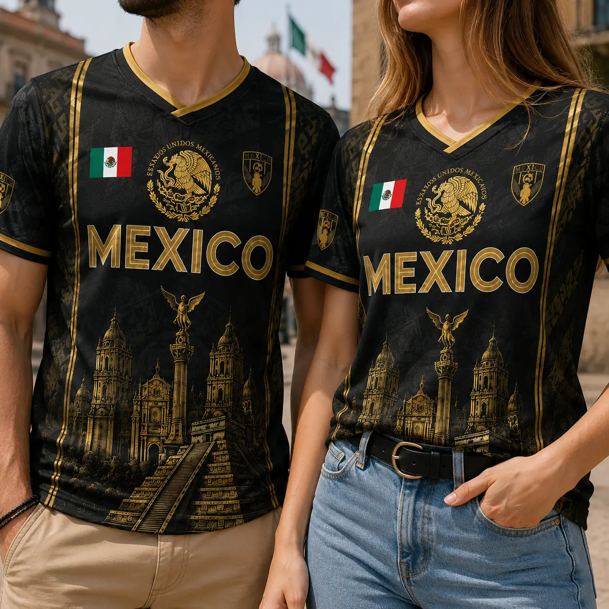 Men's 2026 Mexico Soccer Jersey - Black Gold Aztec Eagle, Chichén Itzá Pyramid V-Neck, Retro All-Over Print Short-Sleeve Sports T-Shirt for Streetwear Menswear, Mexico Jersey, Soccer Jerseys