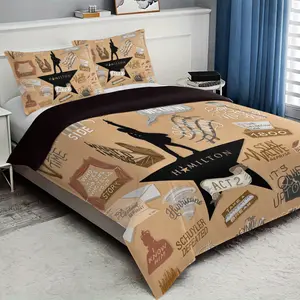 3pcs Vintage Journal Collage Bedding Set, Hamilton Theme Creative Design, Polyester Fabric, One Fitted Sheet and Two Pillowcases