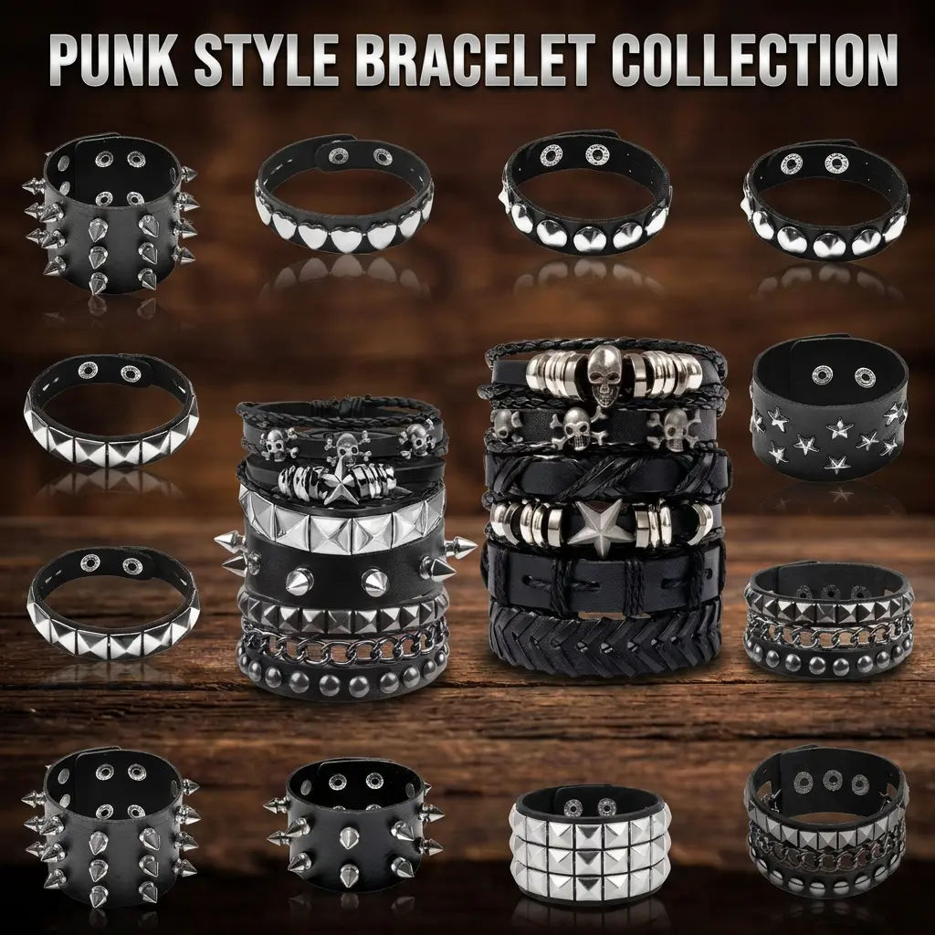 Halcyon 9 Styles Punk PU Faux Leather Bracelet, Studded Spiked Skull Chain Wristband, Adjustable Unisex Gothic Cuff Jewelry, Gift for Men, Sold Separately