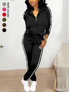 Women's Fall Winter Casual Two-Piece Set, Solid Color Hooded Zipper Sweatshirt & Long Pants, Comfortable Daily Wear, Womenswear