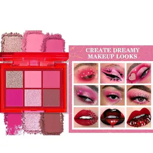 Eyeshadow + Matte Lipstick Makeup Kit, 6 Colors Pink Rose Plum Shimmer Matte Gold Metallic Eye Shadow Pallet with Red Liquid Lipstick Makeup Set for Daily Parties, Concert