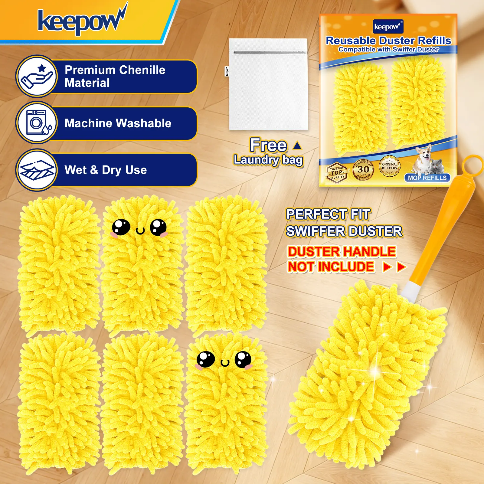 KEEPOW Reusable Microfiber Cleaning Dusters Compatible with Swiffer Duster Refills, Washable 360° Heavy Duty Duster Refills (Handle is Not Included)