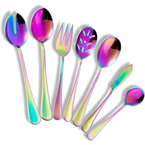 Color rainbow Serving utensils set. Stainless Steel Large Hostess Flatware Sets 7- Includes Silverware Large Salad Spoons,Forks,.Dishwasher Safe