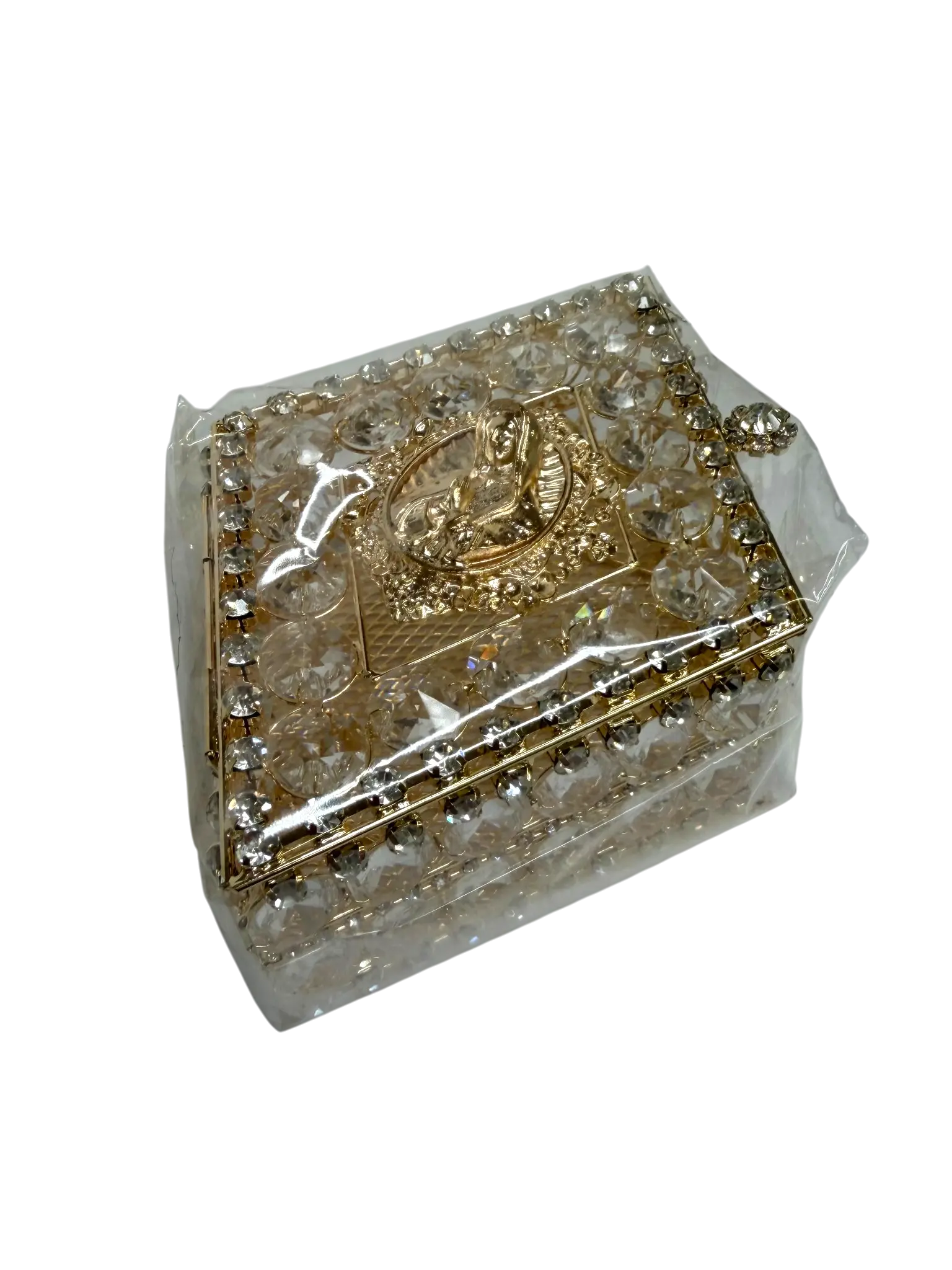 Caja para Arras Matrimoniales Dorada con Cristales y Virgen de Guadalupe