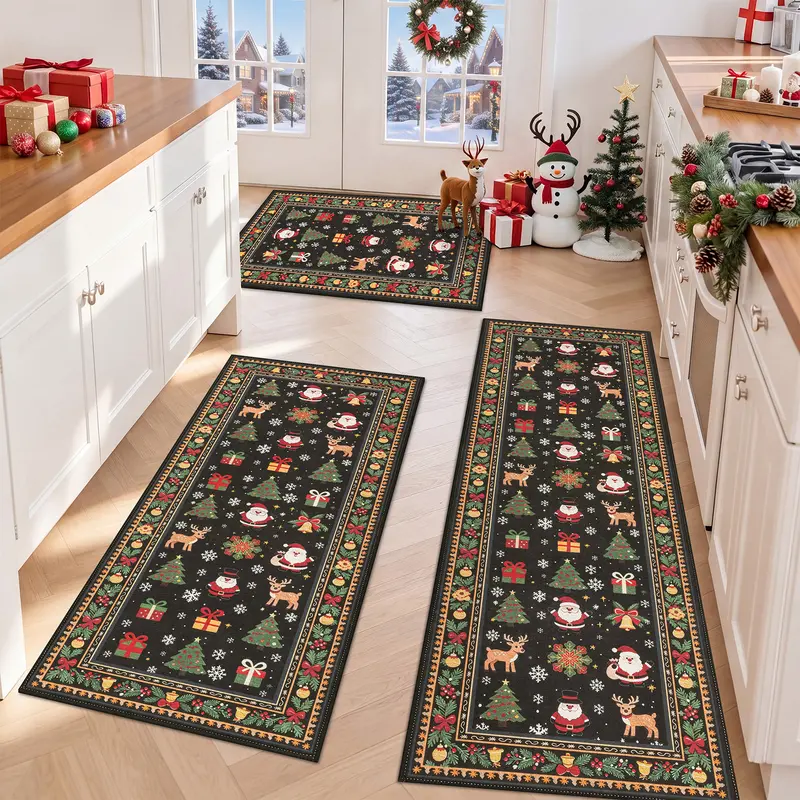 Christmas Vintage Kitchen Rug Sets of 3 Soft Non Slip Mats Washable Runner Rugs Farmhouse Rug Vintage Decor Original Family Home Set Bohemian Style 20"x32"+20"x48"+20"x59" Polyester TPR Backing Durable Practical Xmas Holiday Décor