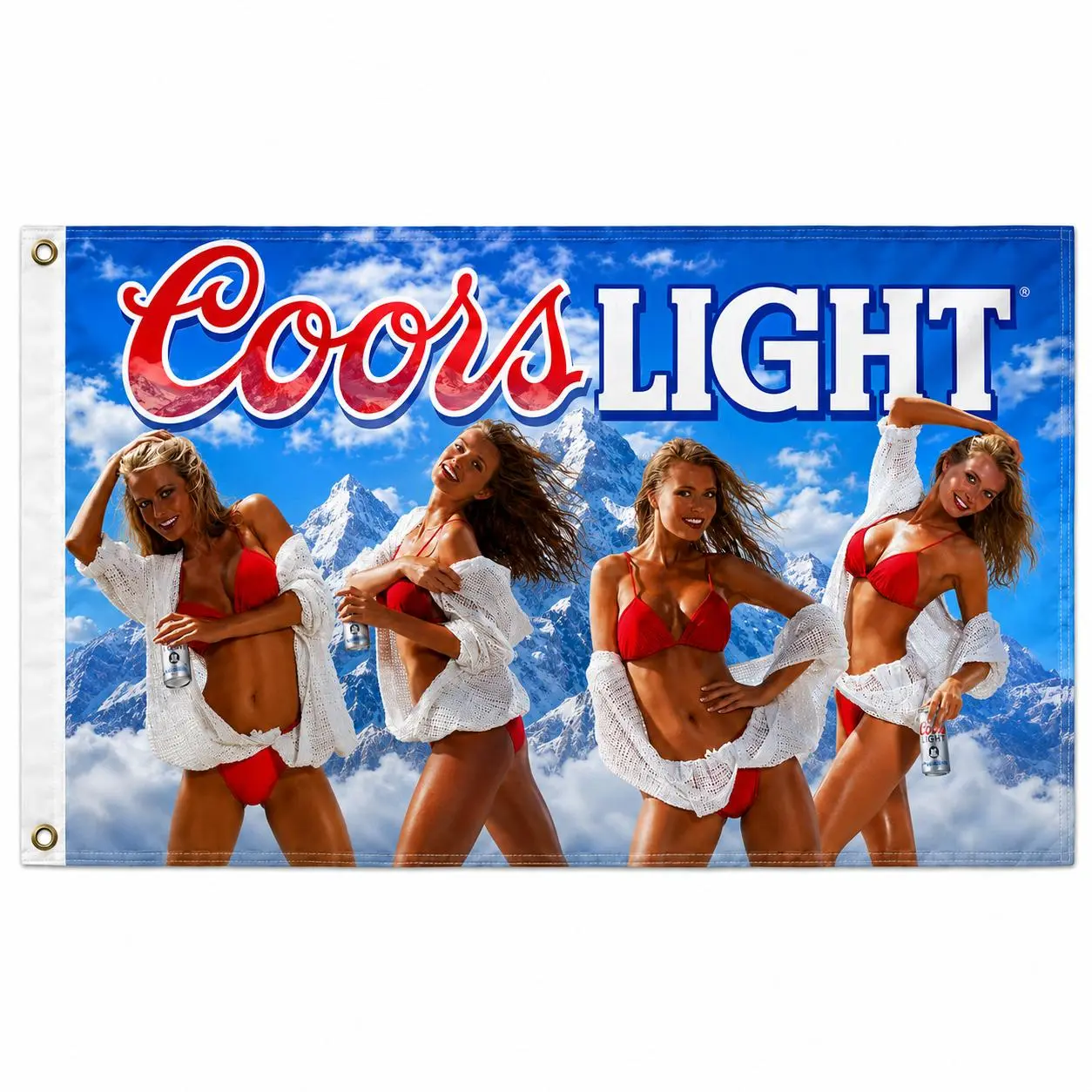 Vintage 90s Coors Mountain Light Beer Girls Flag 3x5 Ft, Retro Bikini Party Wall Banner, Blue Sky Snowy Peak Design for Garage, Man Cave, Bar, Dorm, Beach House or Tailgate Decor, Gift for Men, Beer Fans, Collectors and Party Lovers