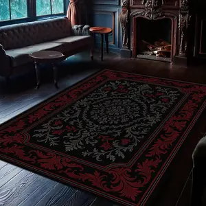 Elegant Gothic Rug with Red and Black Baroque Floral Patterns, Dark Romantic Carpet for Living Room and Bedroom