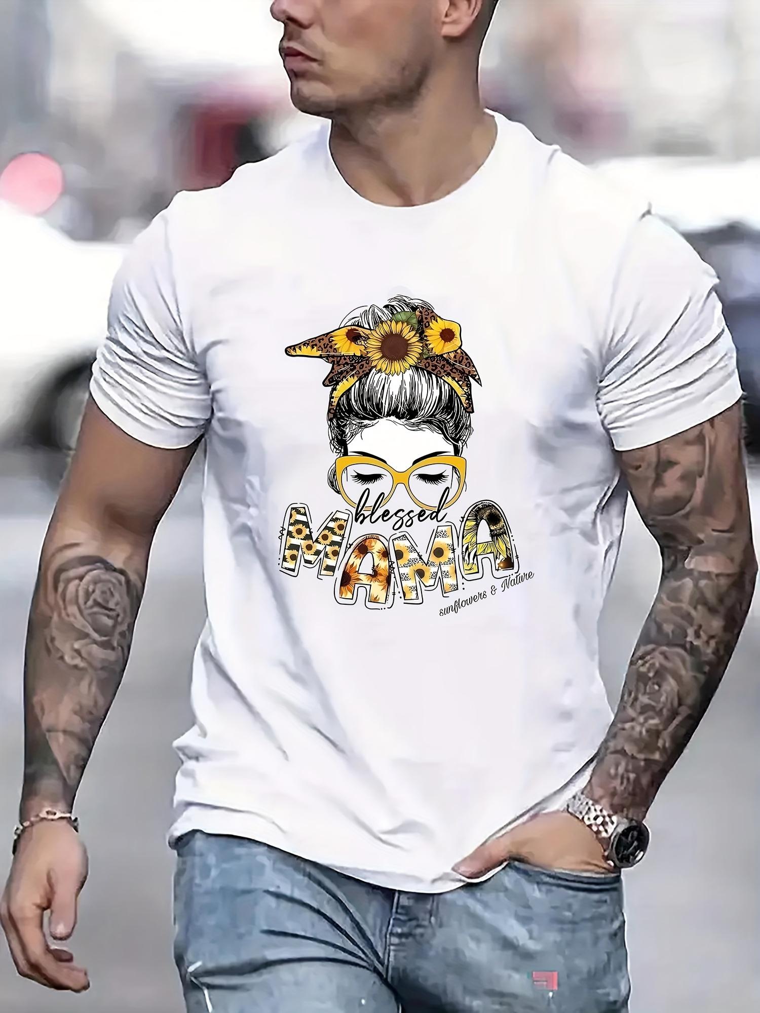 Men's printed short-sleeved T-shirt with hand-drawn female portrait and lettering, round neck casual top. Crewneck