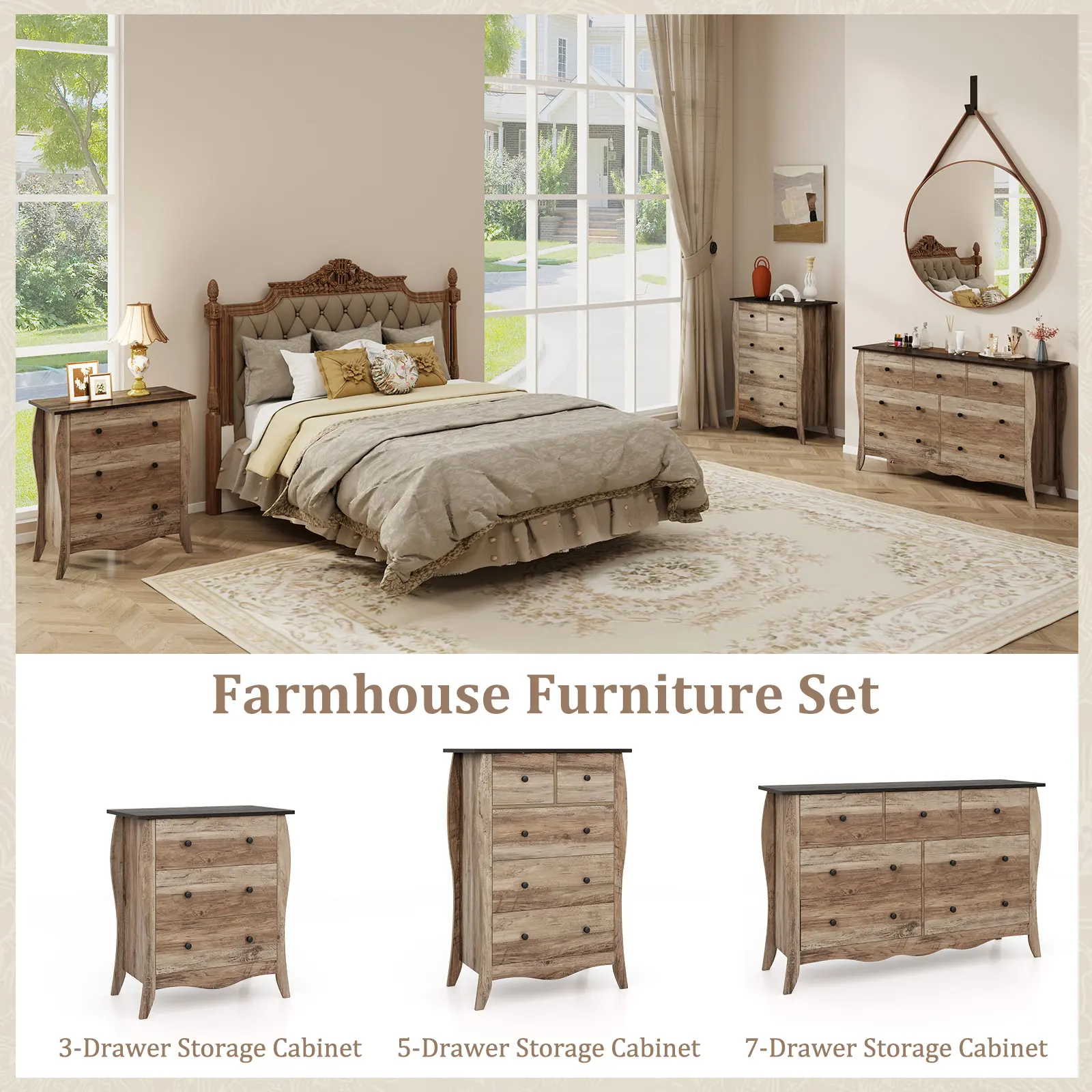 COSTWAY - Dresser for Bedroom with 3 Folding Fabric Drawers and Anti-tipping Kit-Brown
