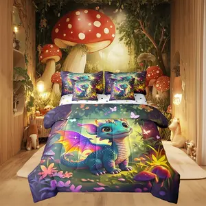 7 Pieces Kawaii Dragon Comforter Set,Fantasy Fairy Tale Jungle Bedding Set,(Comforter+Fitted+Flat Sheet+2 Pillowcases+2 Throw Pillow Covers