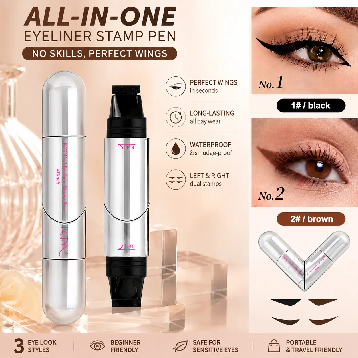 2-in-1 Rotating Eyeliner Stamp Pen, Waterproof Quick-Dry Flawless Winged Liner, Durable Portable & Travel Friendly Makeup Essential, Perfect Wings in Seconds for Natural Everyday Looks, Gift for Beauty Lovers