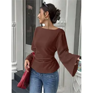 Casual loose flared top with tie and waist design, solid color women's fashionable long sleeved shirt, suitable for daily wearRAIMENTRY