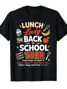 Funny Lunch Lady School Cafeteria T-Shirt - Vintage (Lunch/serve/Cook/Clean/Wipe) Graphic Tee with School Food Icons - Loose Fit Short Sleeve Crew Neck Shirt for Teachers, Cafeteria Workers, Food Service Staff - Funny Work Apparel Gift