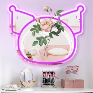 kuro-chan Mirror Neon Signs for Wall Decor,Wall Mounted Decorative Mirrors with Dimmable Neon Lights as Gifts for Women Girls  Makeup Mirrors , Funny Preppy Room, Room and Office Decor