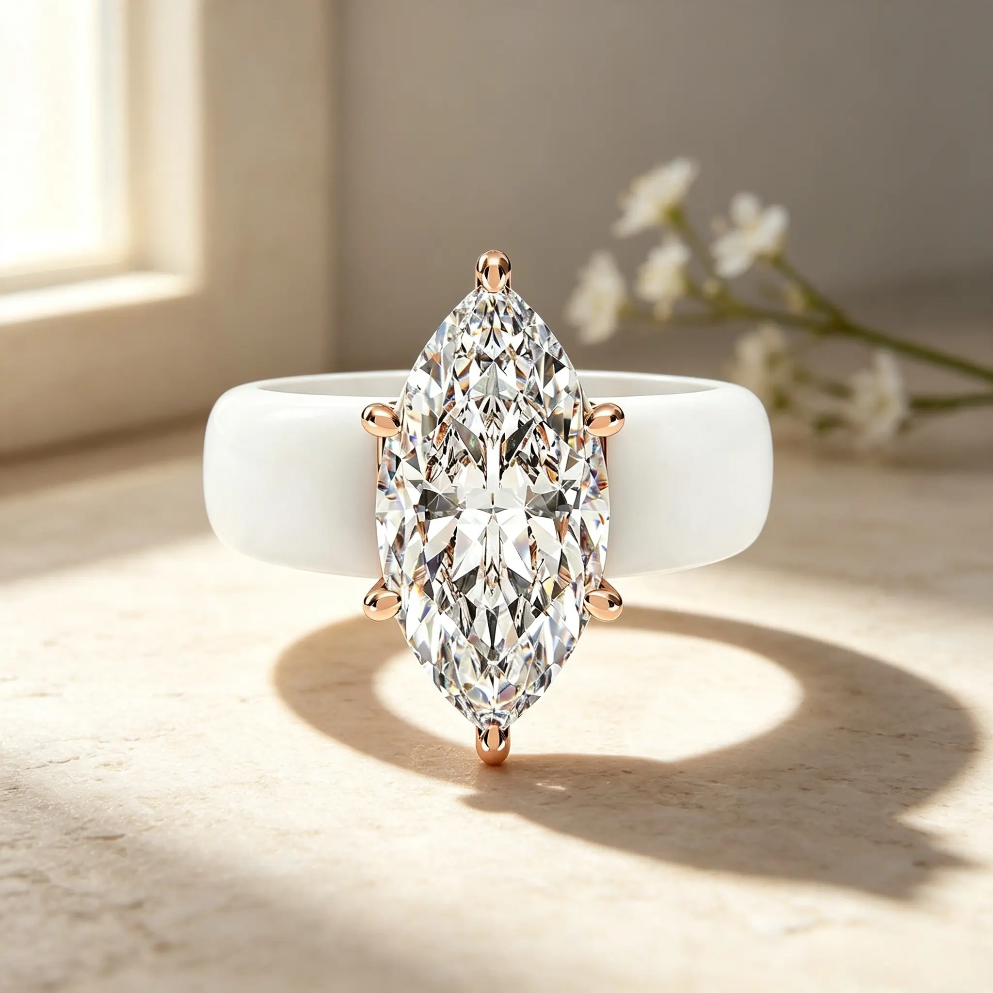 Gorgeous Large Marquise Cut Moissanite Cocktail Ring, Rose Gold Prong Mount White Chunky Ceramic Band, Sparkling Marquise Simulated Diamond Statement Ring, Elegant Wedding Engagement Jewelry, Ideal Birthday Valentine Anniversary Gift For Her