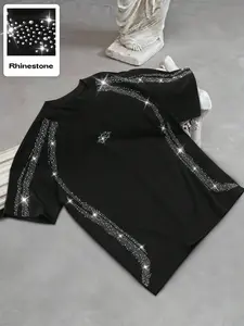 Y2K Aesthetic Bling Bling White Tee✨ Rhinestone Wave & Lip Detail—Shiny Streetwear Outfit For Summer! Oversized Fit, Eye-Catching Sparkle That Pops On Camera📸 Must-Have Trendy Top For Your Wardrobe!