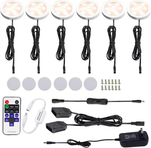 12V LED Under Cabinet Lights – 6 Pack Black Cord Aluminum Puck Lights for Kitchen Counter Closet with Wireless Dimmable RF Remote (2700K Warm White, 12W)