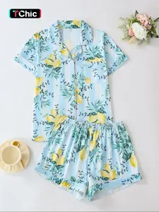 Women's Lemon Print Short Sleeve Pajama Set, Fruit Print Pajama, Button Front Chest Pocket Design Lapel Neck Shortsleeve Top & Elastic Waist Shorts Set, Ladies Summer Sleepwear