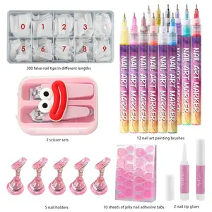 Full Nail Art Tool Set, 300pcs Various Length False Nails, 12 Colorful Pens, Glue & Tools, Perfect for Beginners Salon DIY Manicure