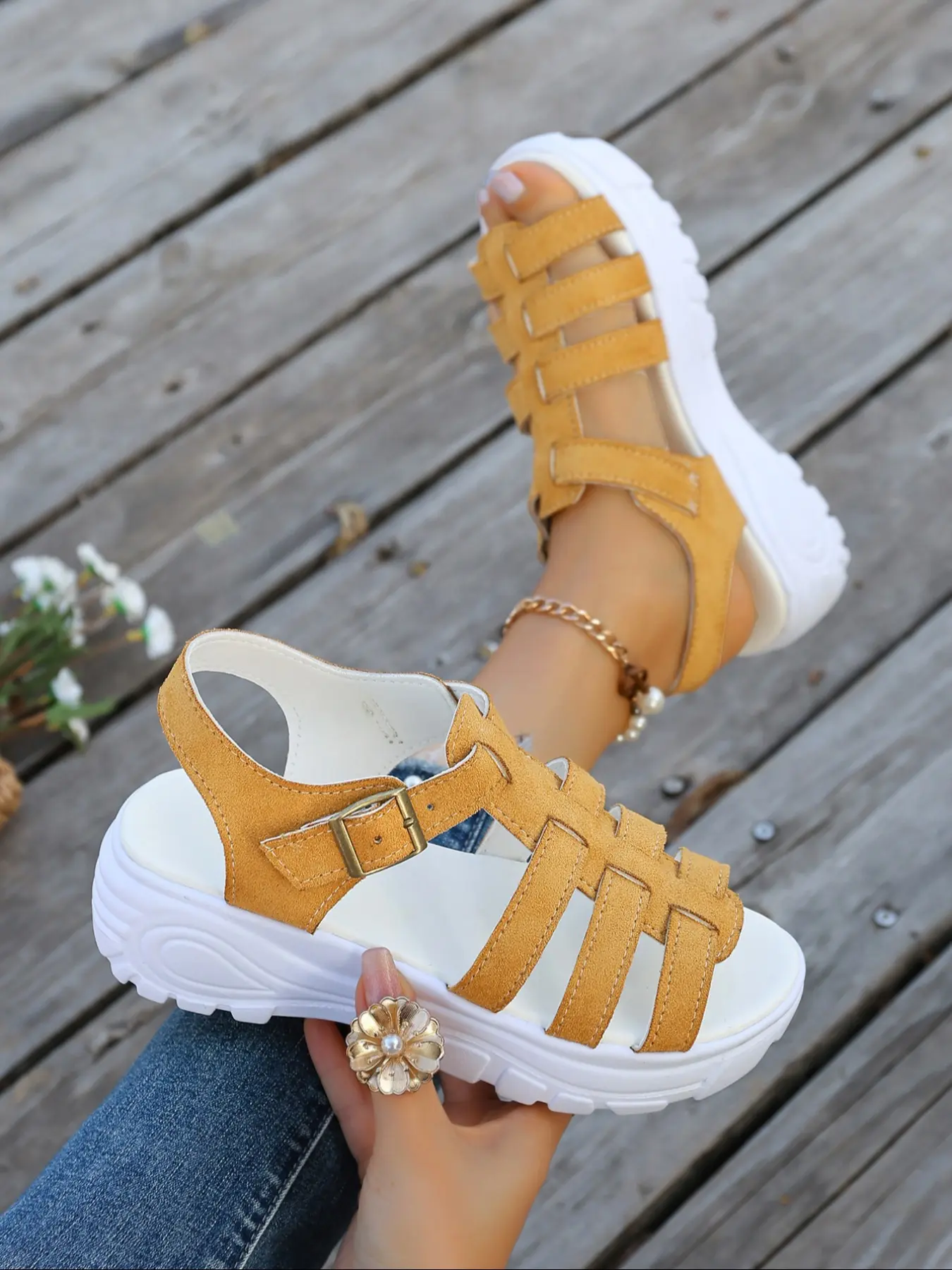 New Casual Versatile Buckle Wedge Heel Thick Sole Height Increasing Sandals, Large Size Outdoor Wear, Platform Footwear