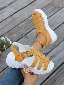 New Casual Versatile Buckle Wedge Heel Thick Sole Height Increasing Sandals, Large Size Outdoor Wear, Platform
