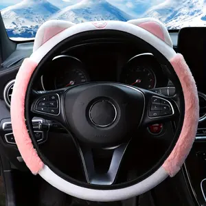 Cute Kitten Plush Comfortable Warm Caron Print Fabric Waterproof Non-slip No Inner Ring Car Steering Wheel Cover Fit For 37-38CM Steering Wheel