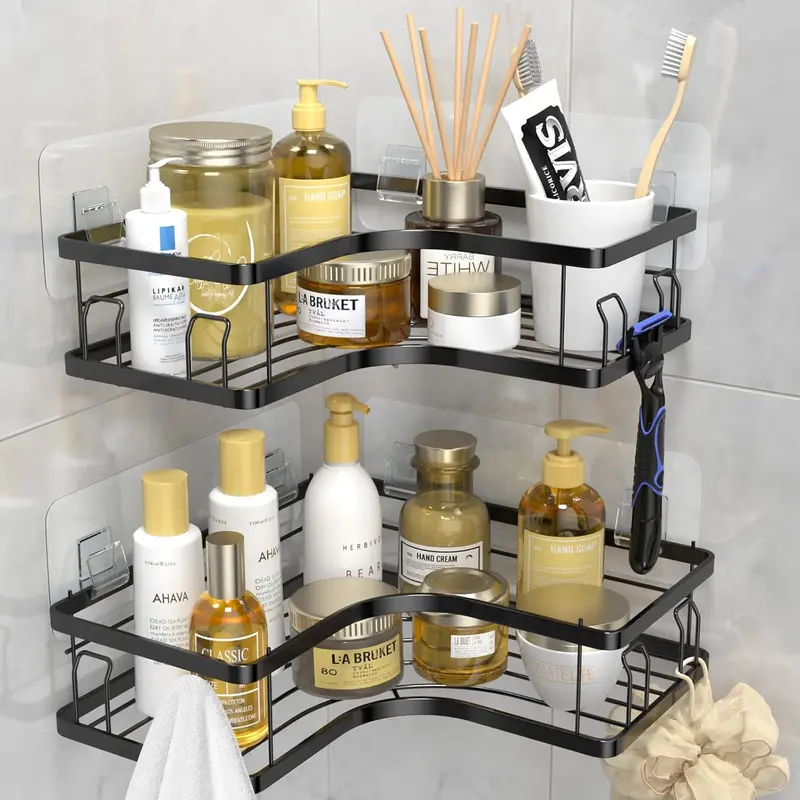 L-Shape 2-Pack Wall Mount Classic Adhesive Shower Caddy, No-Drill Black Stainless Steel Bathroom Shelves with Hooks, 9"d x 9"w x 2"h Shower Organizer Set for Shampoo Storage, Bathroom Decor Supplies